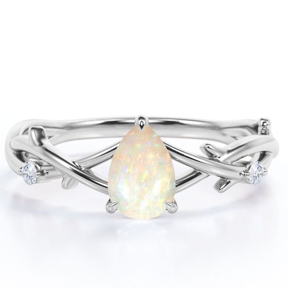 JeenMata Triple Stone 1 Carat Pear Shape White Opal And Moissanite Infinity Twisted Shank Engagement Ring In 18K White Gold Plating Over Silver