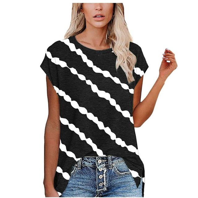 Pompotops Femmes Mode Décontractée Impression Col Rond Manches Courtes T-shirt Pull-Overs