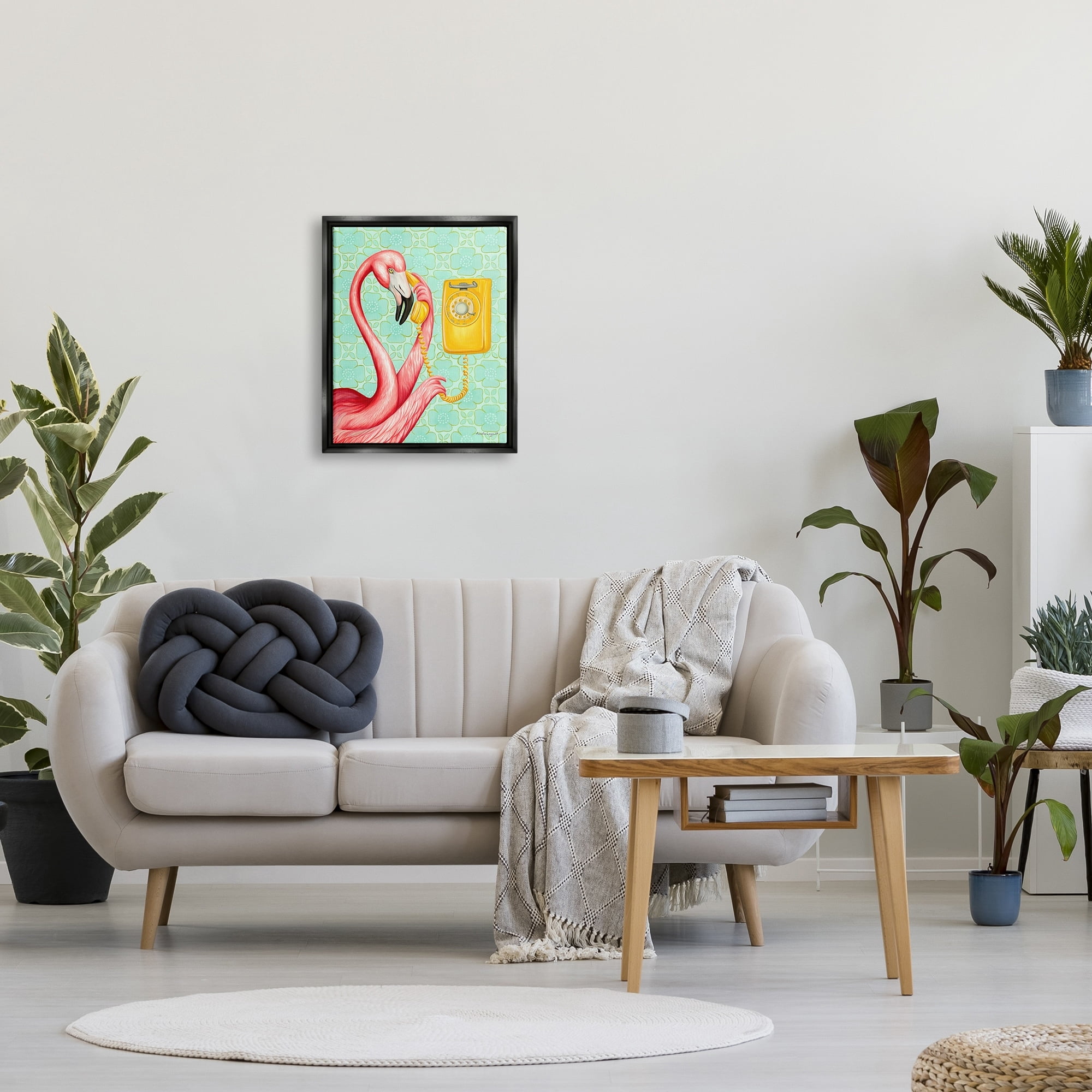 Stupell Industries Flamingo Using Retro Telephone Patterned Flower Motif Graphic Art Metallic Gold Floating Framed Canvas Print Wall Art, Design by Amelie Legault