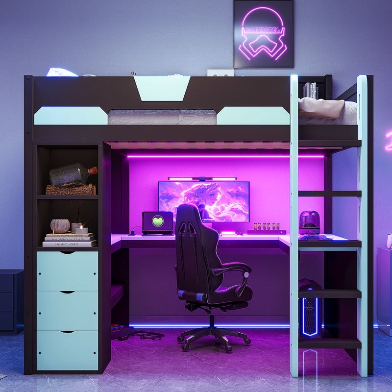 Full Size Gaming Loft Bed with U-Shaped Desk, RGB LED Lights & Charge Station, High Profile Storage Bed Frame with Drawers & Shelves