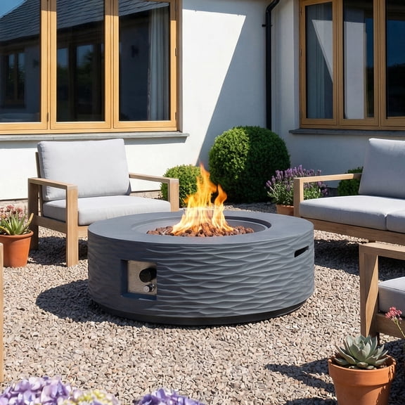 MOALCOFER 35" Outdoor Fire Pit Table,Round Propane Fire Pit,Water Ripple Design,Grey