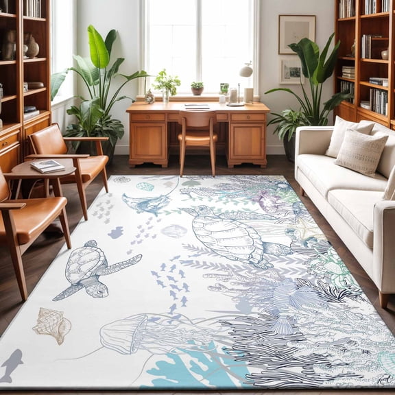 5'x7' Area Rugs, Turtle Coastal Indoor Outdoor Area Rug for Living Room Bedroom, Nautical Summer Beach Coral Jellyfish Shell Washable Bathroom Rugs Kitchen Floor Carpet Mats Home Decor Aesthetic