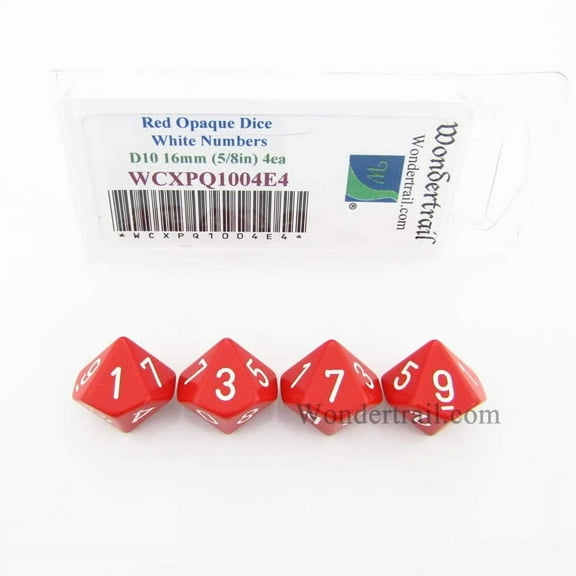 Red Opaque Dice with White Numbers D10 Aprox 16mm (5/8in) Pack of 4 Wondertrail