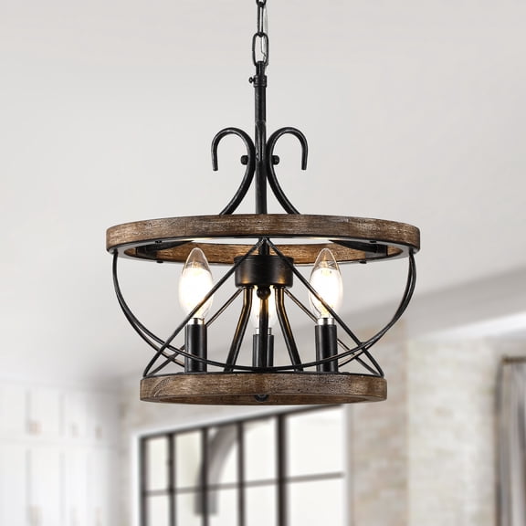 Cusp Barn 3-Light Farmhouse Drum Chandelier, 13 inch Wood Chandelier for Dining Room Entryway Height Adjustable