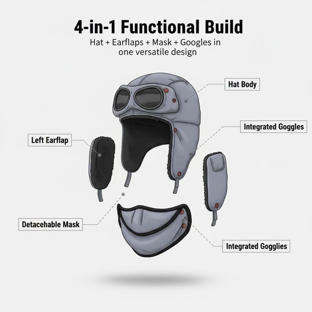 Winter Thermal Hat with Glasses, Winter Pilot Hat Trapper Hats, Beanie with Goggles, Cycling Windproof Ski Mask Cap