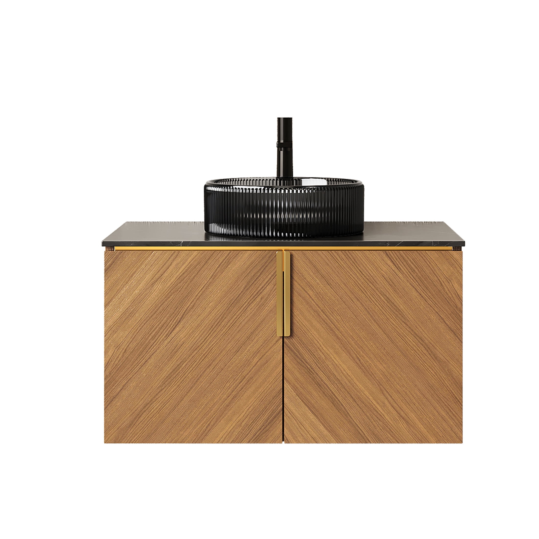 Noble House ARAI 30" Floating Plywood Bathroom Vanity, Sintered Stone Top Cabinet with Black Glass Round Vessel Sink, Oak