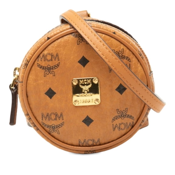 Pre-Owned MCM Visetos Round Handbag Pouch Shoulder Brown Leather Women's