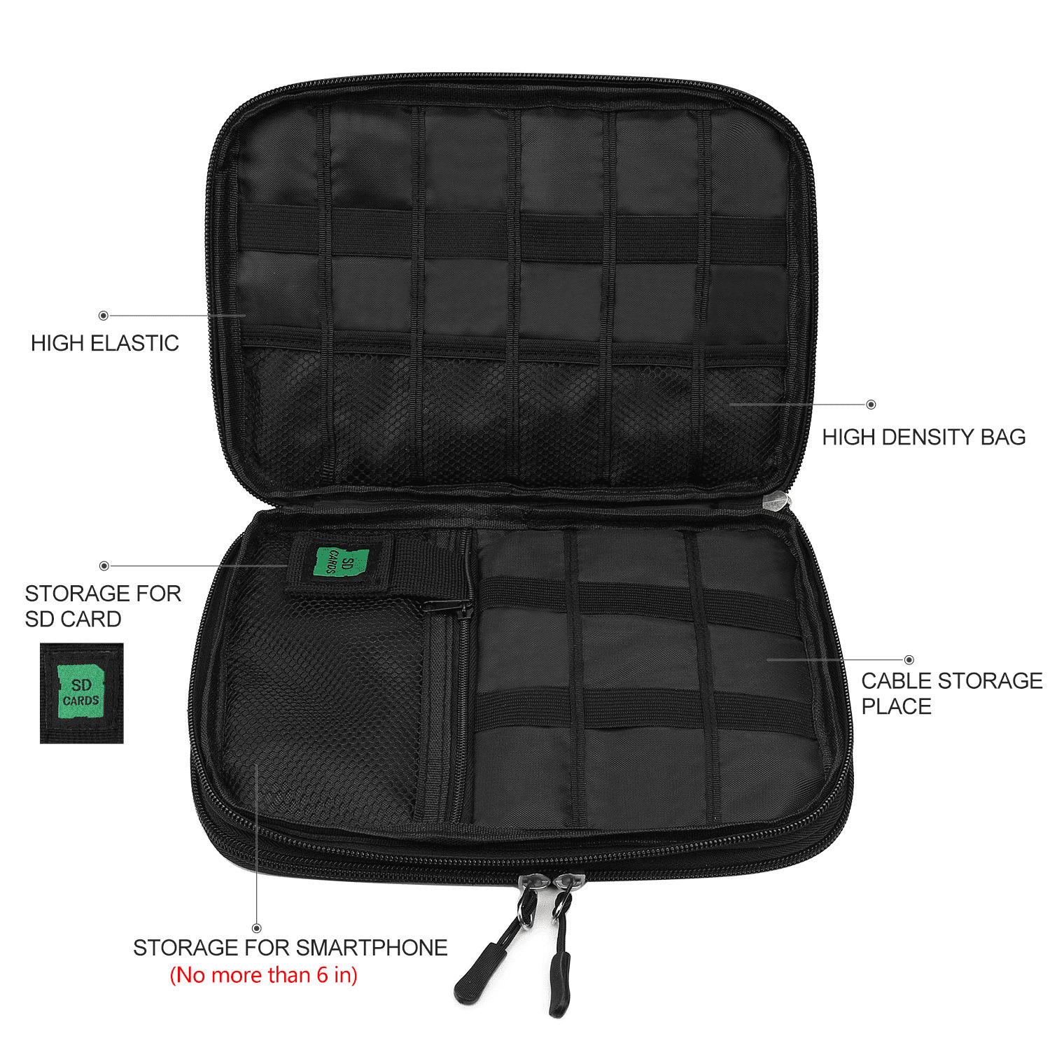 Tika Electronics Organizer Electronic Accessories Double Layer Travel Cable Organizer Gadget Carry Bag, Black