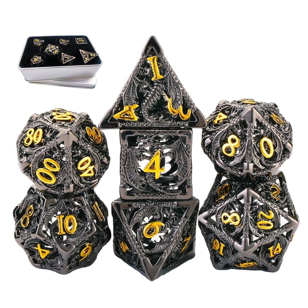 Juego de dados de mazmorras y dragones Juego de dados Dnd de metal Juego de dados de juego de rol de dragón poliédrico hueco 7Cps con caja de metal de regalo Adecuado para regalos D&D Juegos de mesa T