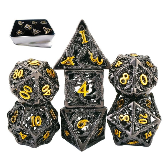 Juego de dados de mazmorras y dragones Juego de dados Dnd de metal Juego de dados de juego de rol de dragón poliédrico hueco 7Cps con caja de metal de regalo Adecuado para regalos D&D Juegos de mesa T