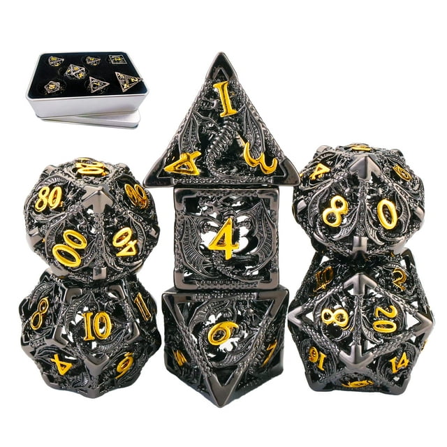 Juego de dados de mazmorras y dragones Juego de dados Dnd de metal Juego de dados de juego de rol de dragón poliédrico hueco 7Cps con caja de metal de regalo Adecuado para regalos D&D Juegos de mesa T