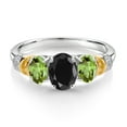 thumbnail image 2 of Gem Stone King 925 Sterling Silver and 10K Yellow Gold Oval Black Sapphire Green Peridot and White Diamond 3 Stone Ring for Women (2.69 Cttw, Gemstone September Birthstone, Size 7), 2 of 3