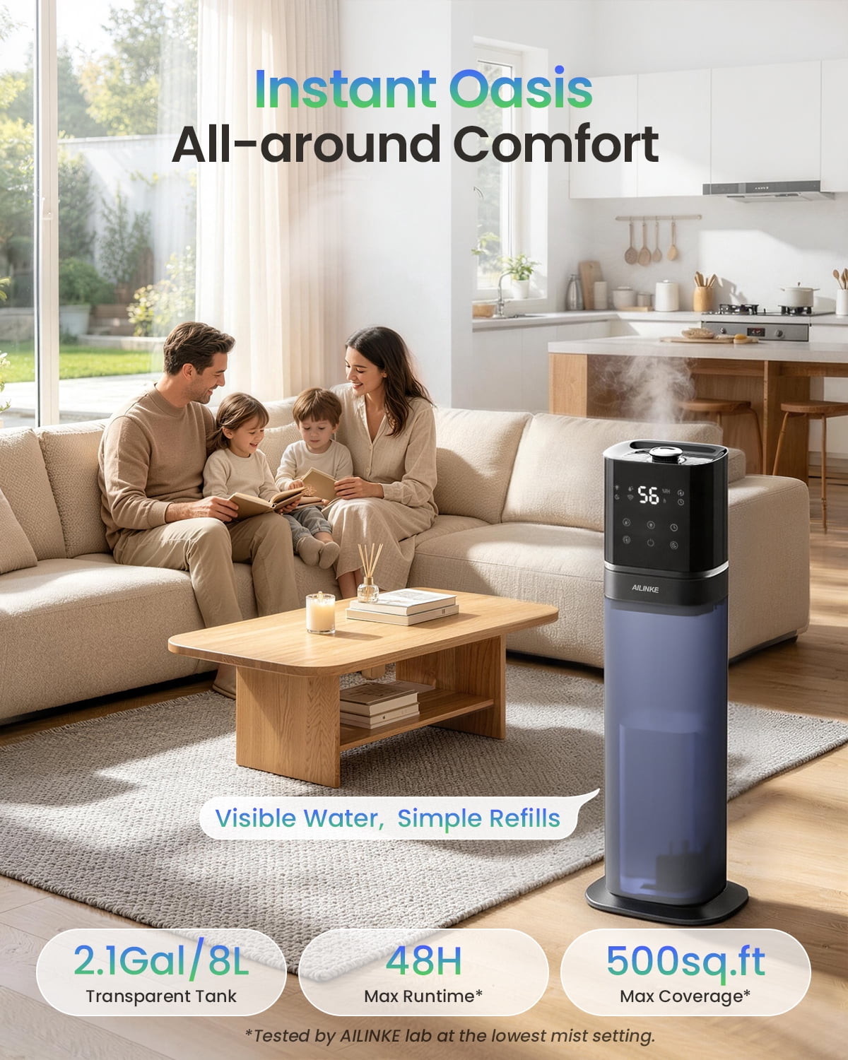 Smart Humidifier Large Room, 2.1Gal/8L Humidifiers for Bedroom with Extended Tube&Night Light, Whole House Cool Mist, Dark Blue