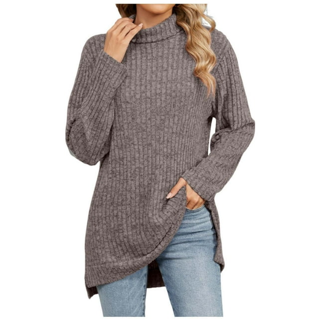 Yuyuzo Womens Fall Sweaters Ribbed Knit Turtleneck Long Sleeve Pullover Side Split Casual Tunic Tops