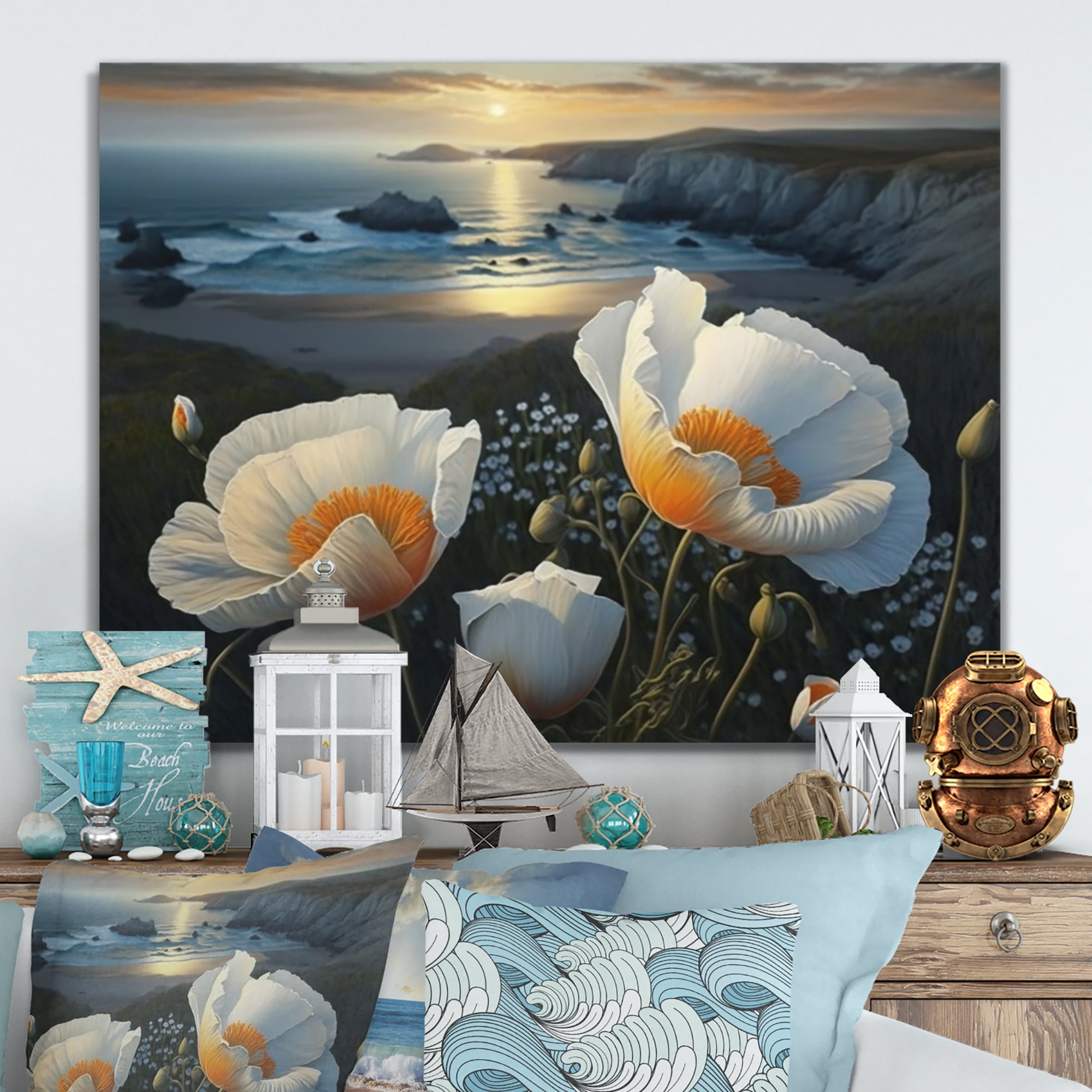 Designart White Flowers By The Coast III Canvas Wall Art