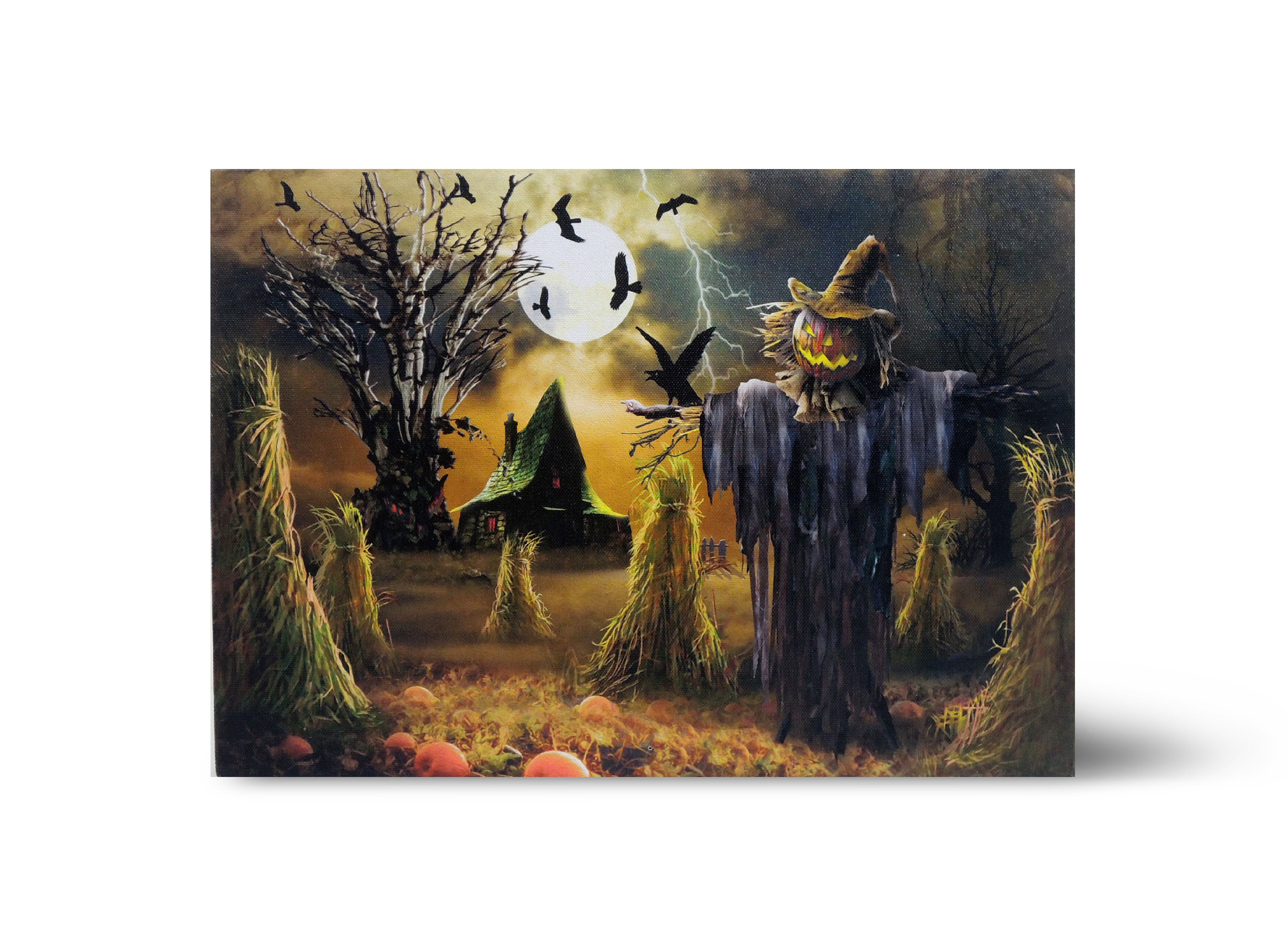Halloween Wall Art, Haunted Scarecrow LED Light &amp; Sound Canvas