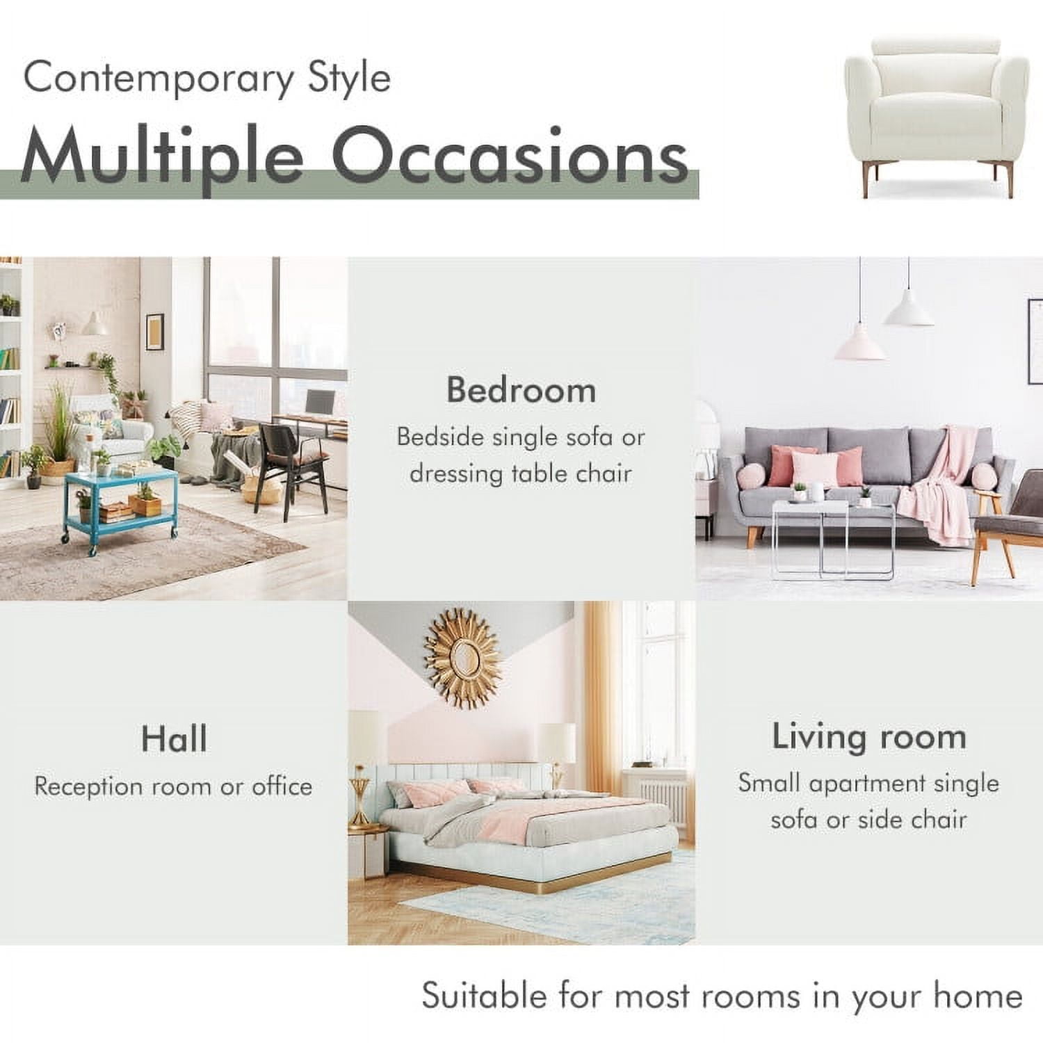 Finihen Single Sofa, Upholstered Sofa, Modern Upholstered Single Sofa with Adjustable Headrest, for Living Room, White