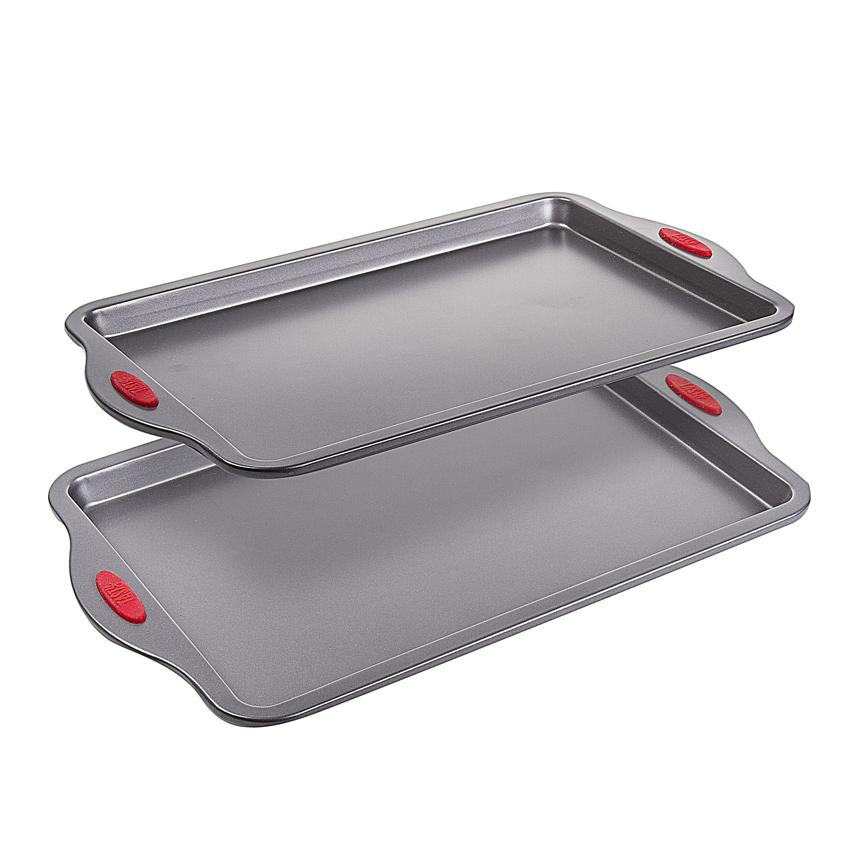Tasty 17 x 11 Non-Stick Cookie Sheet with Red Silicone Handles - Set of 2  