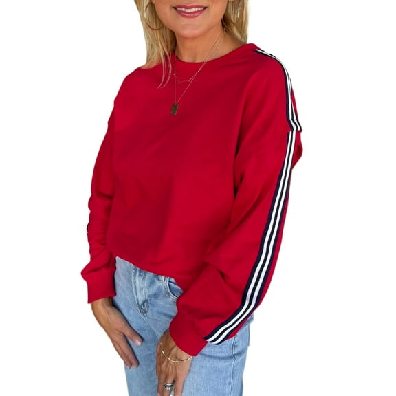 Women's Fiery Red Striped Varsity Sweatshirt – Casual Daily Layering Essential [ZhiHiMeRi] | XL