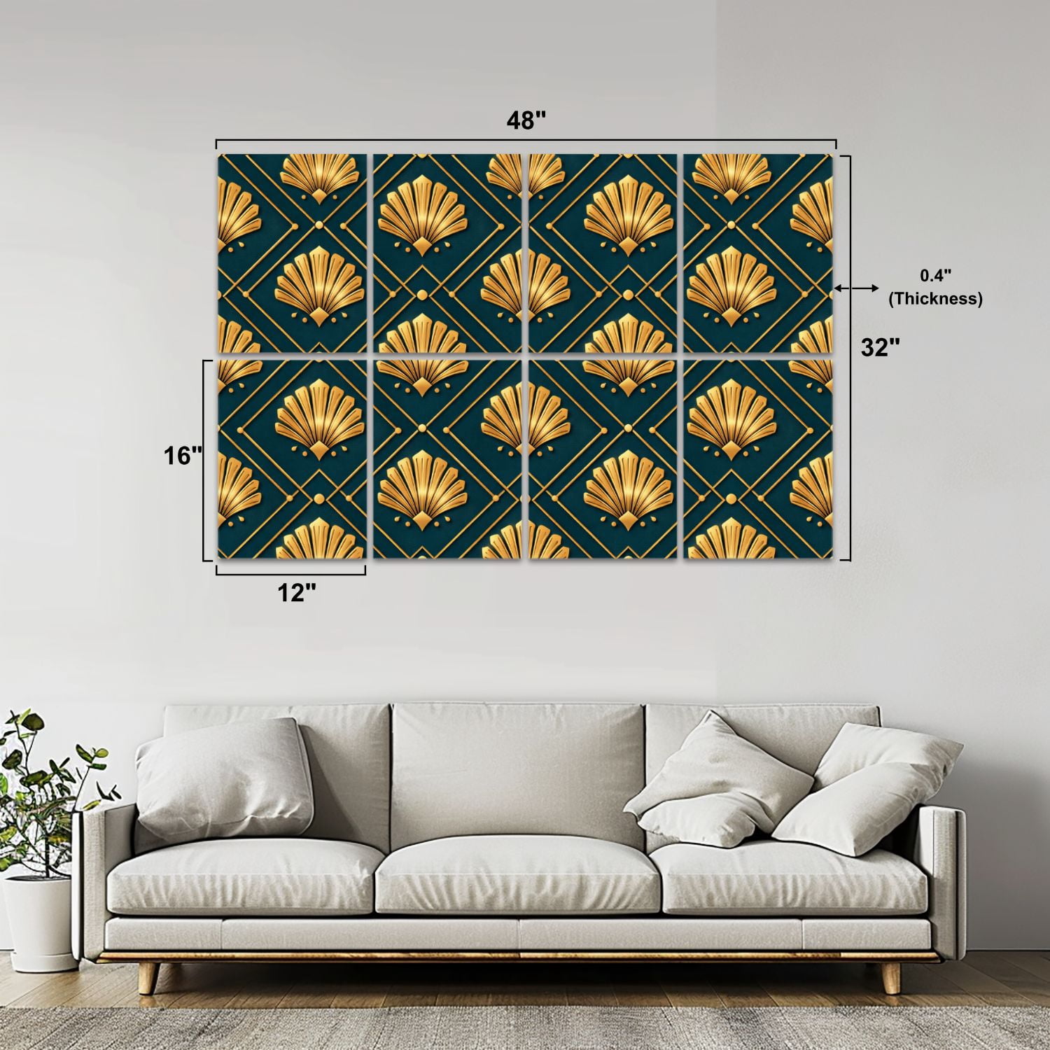 8 Pack Art Acoustic Panels Art Deco Gold Fan Dark Seamless Design Self Adhesive Absorbing Dampening Panels Self Adhesive for Nursery Game Room Bedroom 48"x32"
