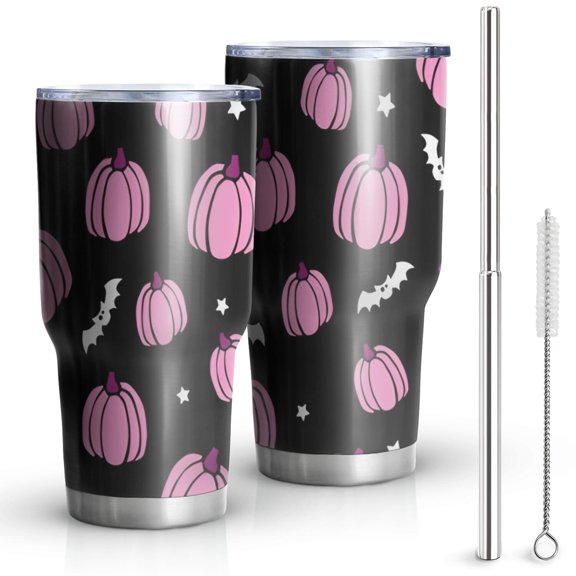 30oz Pink Fall Pumpkins Bats Stars Pattern Tumblers Stainless Steel Tumbler with Lid and Straw,Vacuum Insulated Double Wall Travel Tumbler Cups Mug with Cleaning Brush for Coffee,Tea