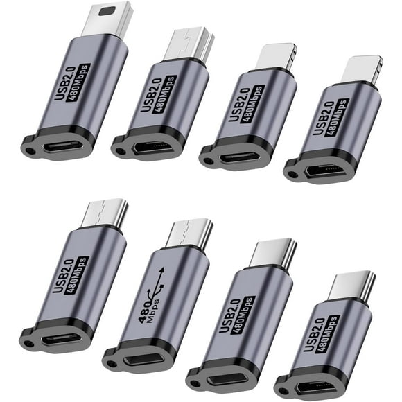 shiyou-8-Pack USB Adapter Kit, USB Adapters for Multiple Devices, USB C/Lighting to Micro USB, Type C/Micro USB to Lighting, Micro USB/Lighting to USB C, USB C/Micro USB to Mini USB Adapter