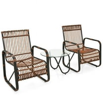 YYAo Conversation Loveseat Chairs Set, Garden Conversation Table Set, 3 Pieces Patio Rattan Furniture Set with 2 Single Wicker Chairs and Glass Side Table