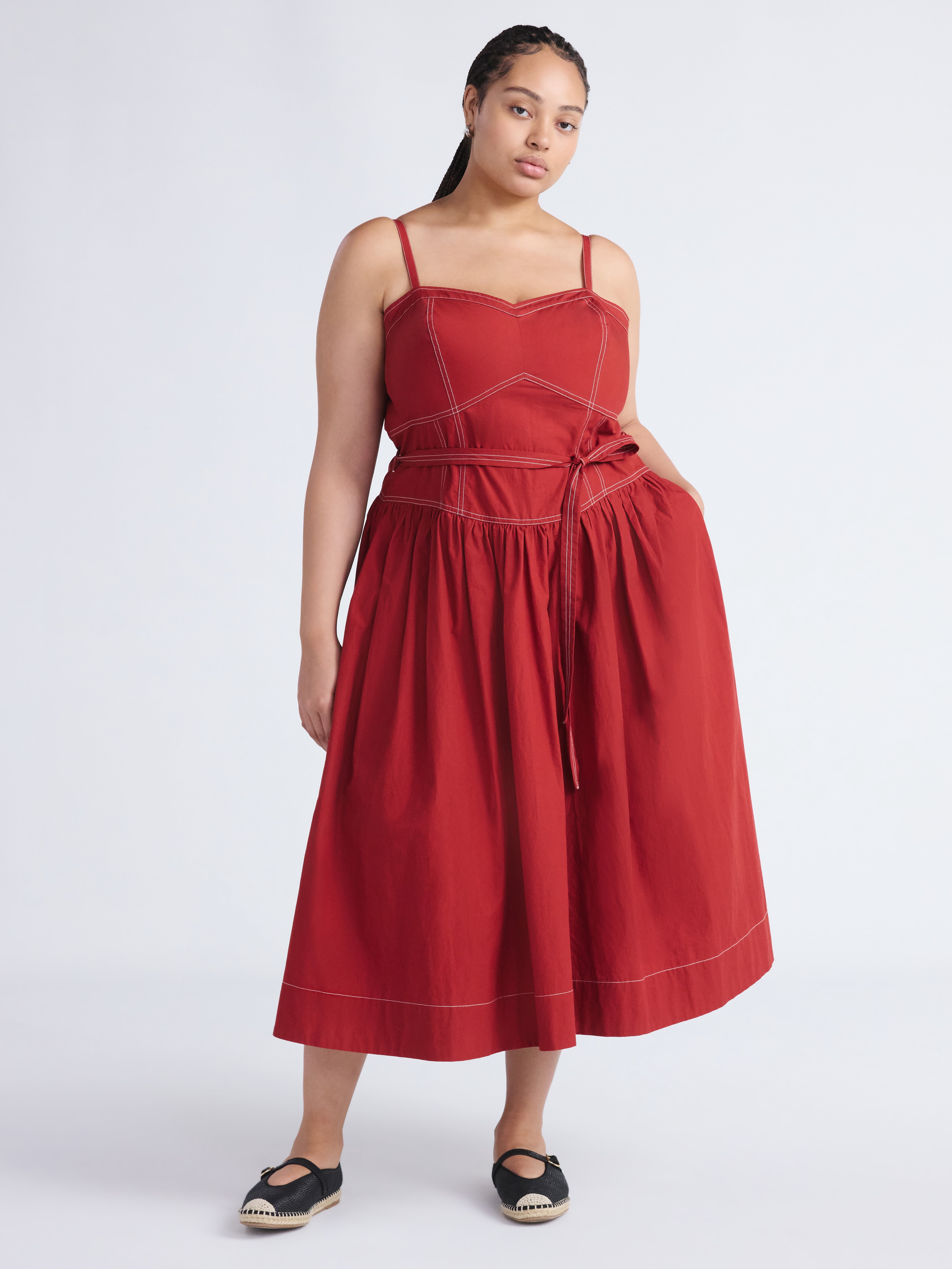 Free Assembly Women's and Women's Plus Sweetheart Belted Cotton Utility Midi Dress, Sizes XS-4X
