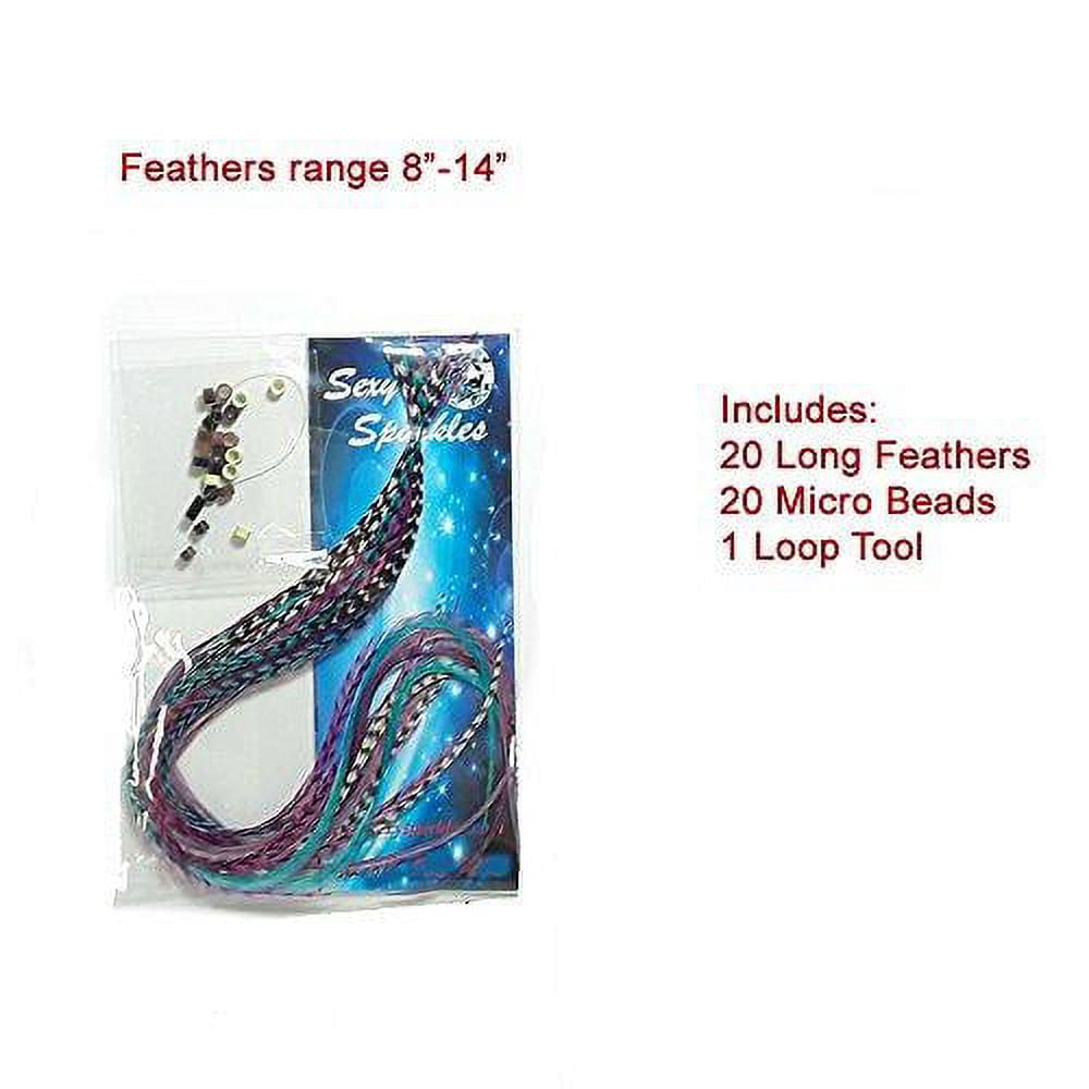 Sexy Sparkles Real Rooster Feather Hair Extensions for Women, 100% Real Rooster Feathers, Long Violet, Purple, Blue Colors, 20 Feathers with 20 Beads and Loop Tool Kit