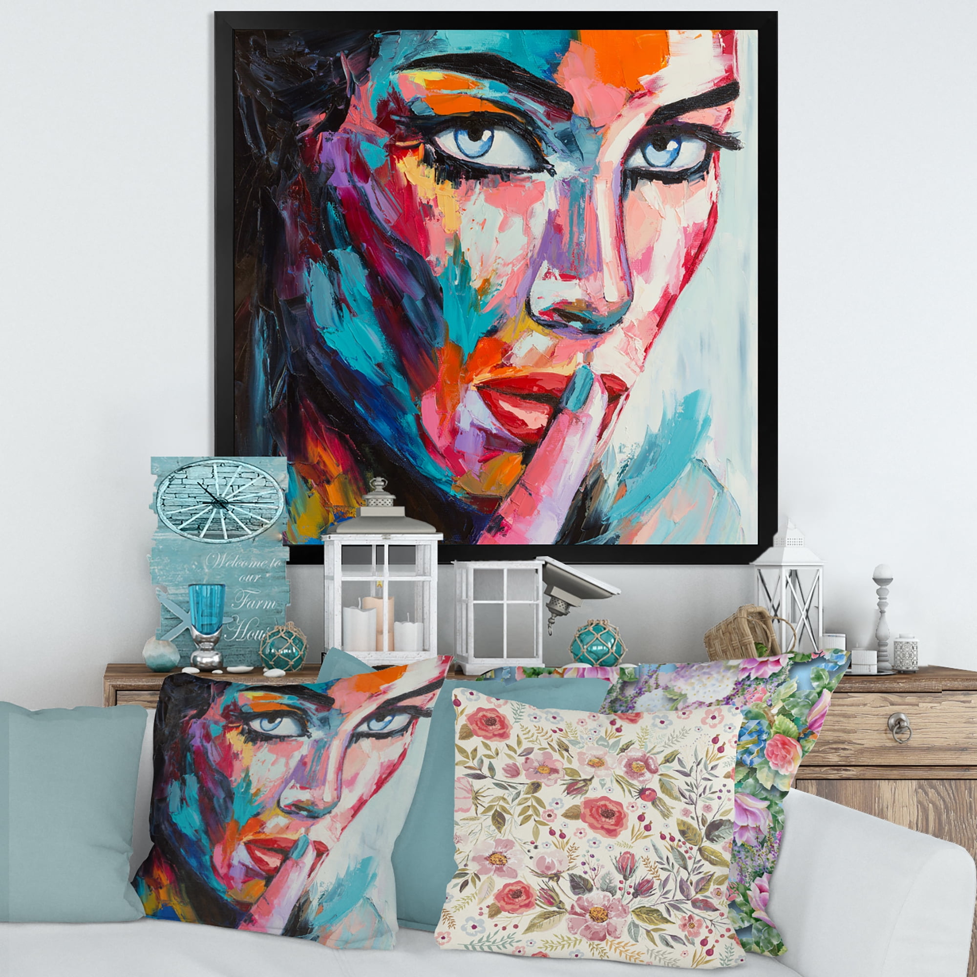 Designart 'Abstract Portrait Of A Young Woman With Blue Eyes II' Modern Framed Art Print