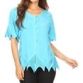 thumbnail image 4 of Sakkas Emma Womens Stonewashed V neck Short Sleeve Blouse Top Crochet Button Down - Turquoise - XL, 4 of 5