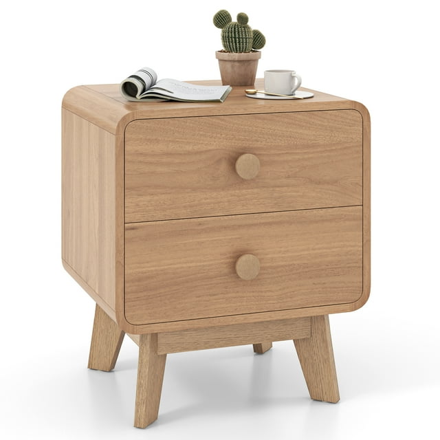 Costway 1 PCS Modern Style 2-Drawer Nightstand Bedside Table with Solid Rubber Wood Legs Brown
