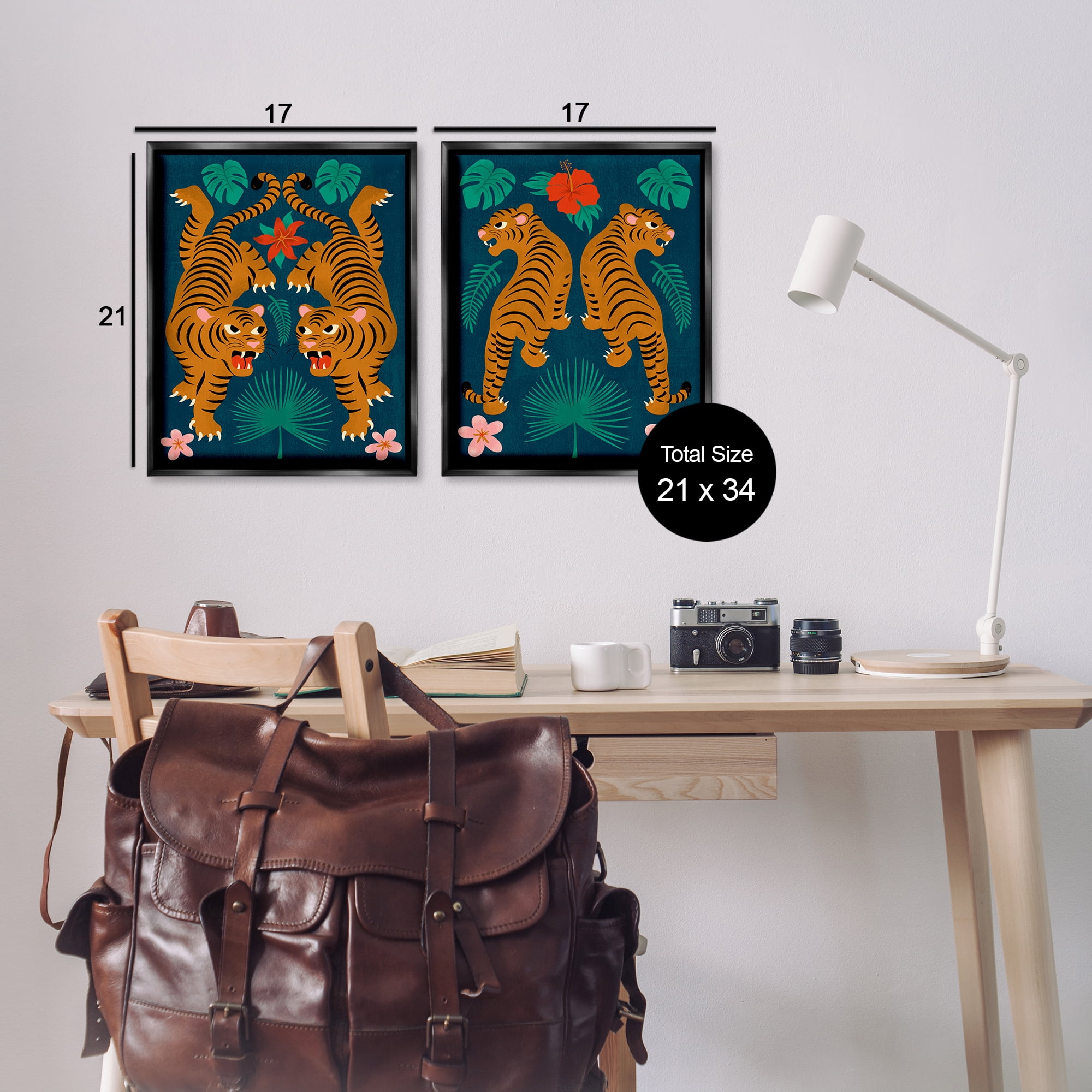 Stupell Industries Twin Jungle Tigers Animals Painting Black Floater Framed Canvas Art Print Wall Art, 17 x 21, Set of 2