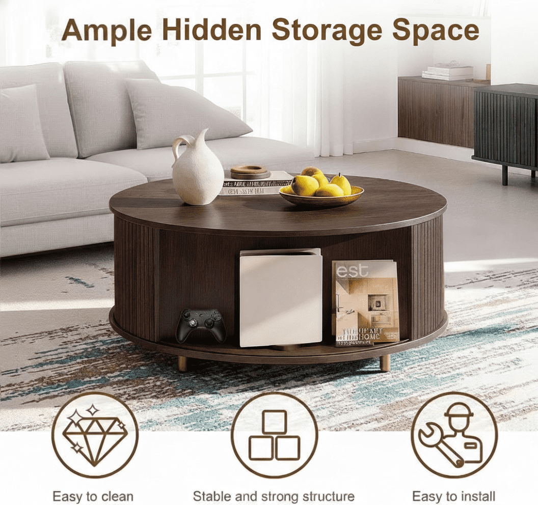 Aisword Round Coffee Table with 360° Sliding Door and Storage in Brown