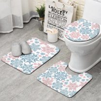 Blue and Pink Christmas Snowflake Pattern Bathroom Rugs Sets 3 Piece,Toilet Cover Set,Absorbent Non Slip Bathroom Mats Sets with U-Shaped Contour Rug Toilet Rug Set
