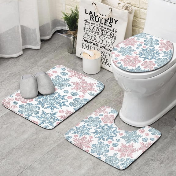 Blue and Pink Christmas Snowflake Pattern Bathroom Rugs Sets 3 Piece,Toilet Cover Set,Absorbent Non Slip Bathroom Mats Sets with U-Shaped Contour Rug Toilet Rug Set