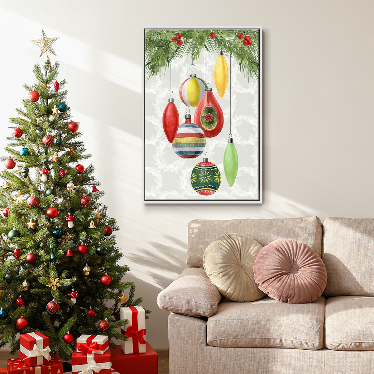 Arose Such a Clatter Collection B - Framed Gallery Wrapped Holiday Canvas - 27 x 41 - White Frame