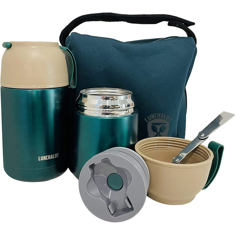 Soup Thermos for Hot Food and Drink in Bag - 2 Pack Insulated Lunch Box  Container Kids Adults by LUNCHALOT - Vacuum Stainless Steel Jar & Foldable  Spoons - Dark Green Wide