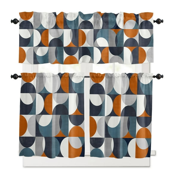 Contemporary Orange, Kitchen Curtains and Valances Set, 3 Piece Kitchen Curtains Set 36 Inch Length, Middle Century Abstract Geomrtry Rod Pocket Curtains Tier Farmhouse Window Curtains