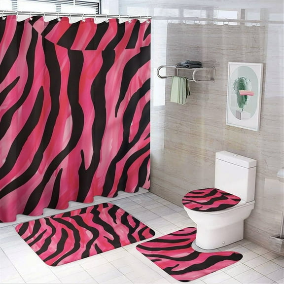 Shower Curtain Set 4 Piece include Shower Curtain and Rugs and Non Slip U Shaped Toilet Rugs Luxury Bathroom Decor Pink And Black Zebra Stripes