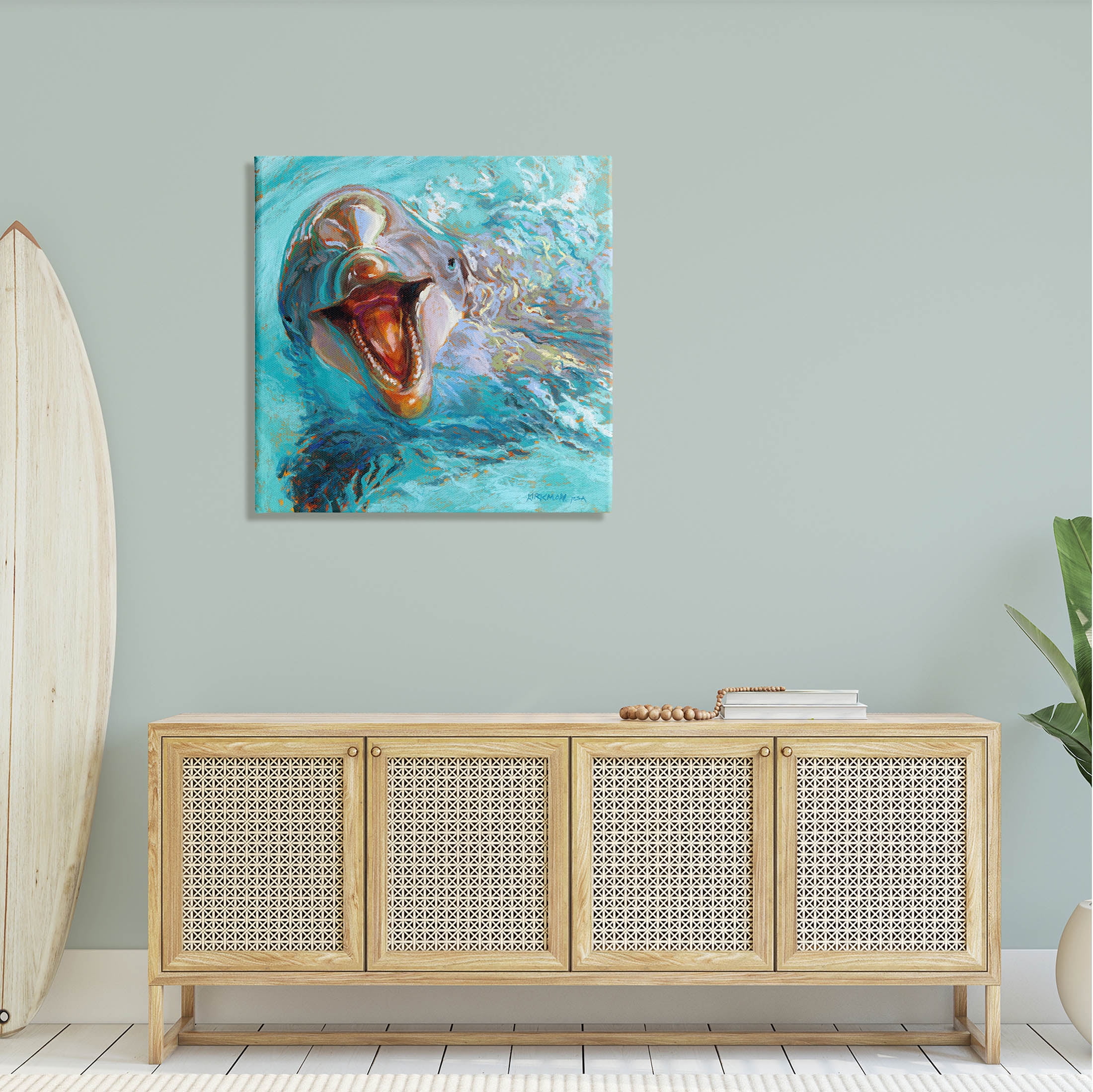 Smiling Dolphin Water Splash Animals & Insects Painting Gallery Wrapped Canvas Print Wall Art