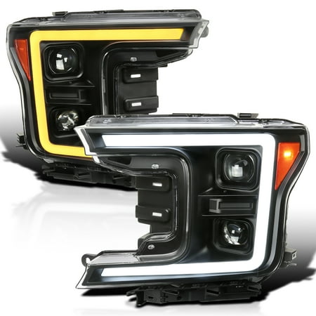 Spec-D Tuning Black Sequential Switchback Projector Headlights w/ LED Light Bar Compatible with 2018-2020 Ford F-150 Left + Right Pair Headlamps Assembly
