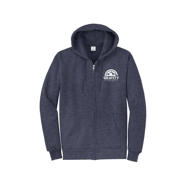 Gravity Outdoor Co. Zip-Up Hoodie - Heather Navy - White Logo - Medium