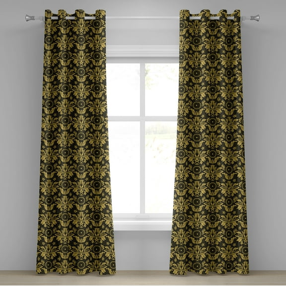 Ambesonne Damask Grommet Curtain, Antique Foliage Motifs, 50" x 96", Black Earth Yellow