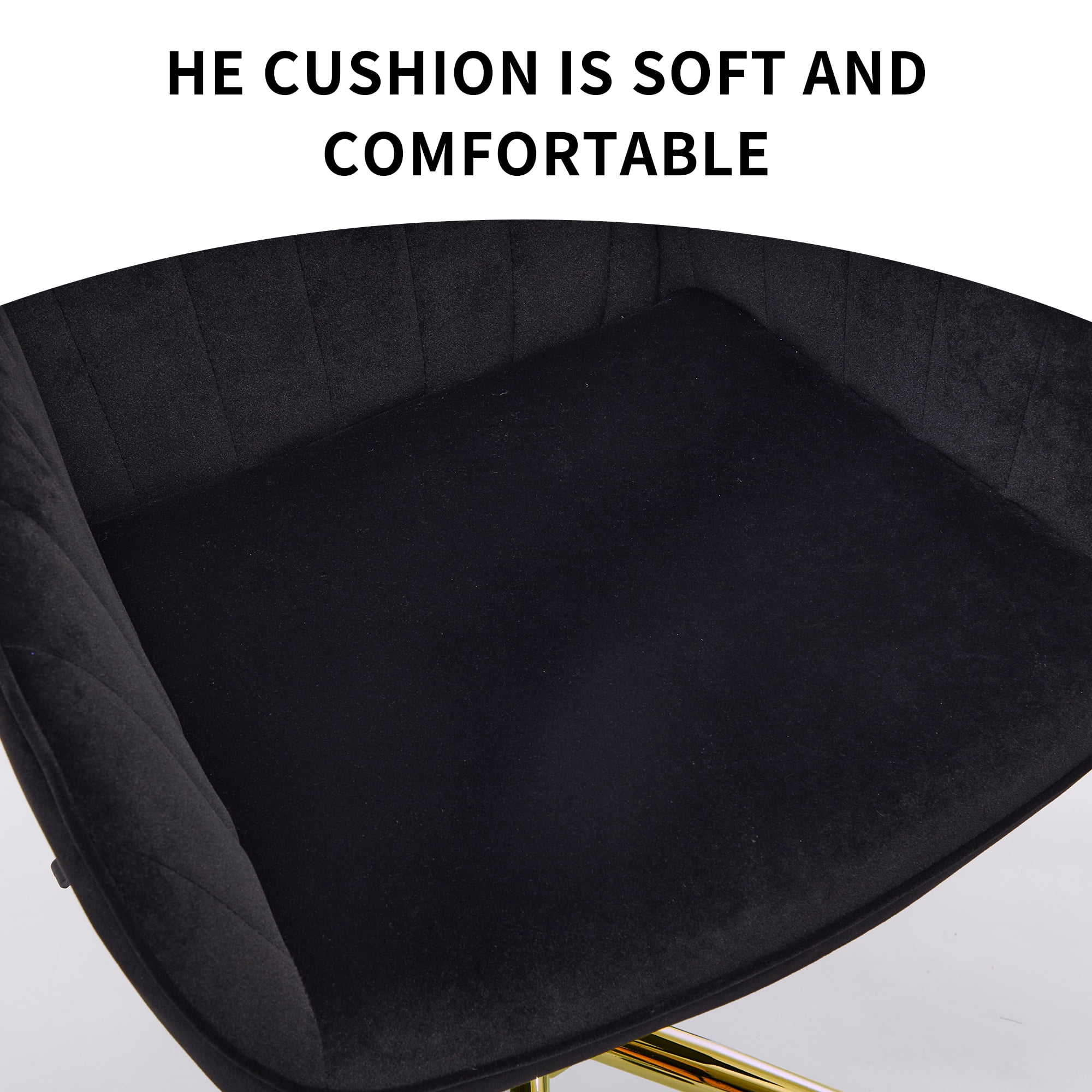 Peispie Velvet Office Chair 300lbs, Mid Back Vanity Chair, Modern Swivel Desk Chair with Gold Base, Upholstered Computer Task Chair for Bedroom, Black