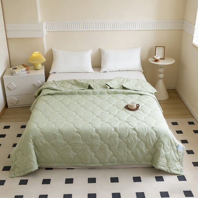Edredón de verano fresco: manta supersuave y transpirable para todas las estaciones, ropa de cama de poliéster ligera y transpirable con costuras clásicas, adecuada para el dormitorio y para viajes.