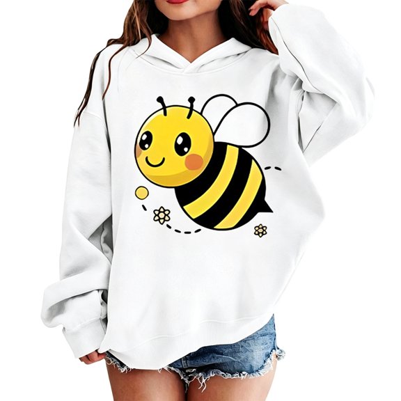 Girls Cartoon Graphic Print Lightweight Hooded Sweatshirt, Drop Shoulder Long Sleeve Casual Pullover Hoodie for Kids School Outdoor Spring Autumn Wear(White1,8-9 Years)