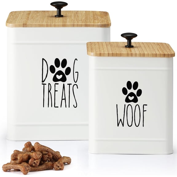 PERFNIQUE Dog Treat Container, Dog Treat Jar Set of 2 with Airtight Lid, Dog Cookie Jar for kitchen Counter, Pet Treat Container, Dog Treat Canister and Storage, 7.8x6.2 & 7.3x5.5(White)