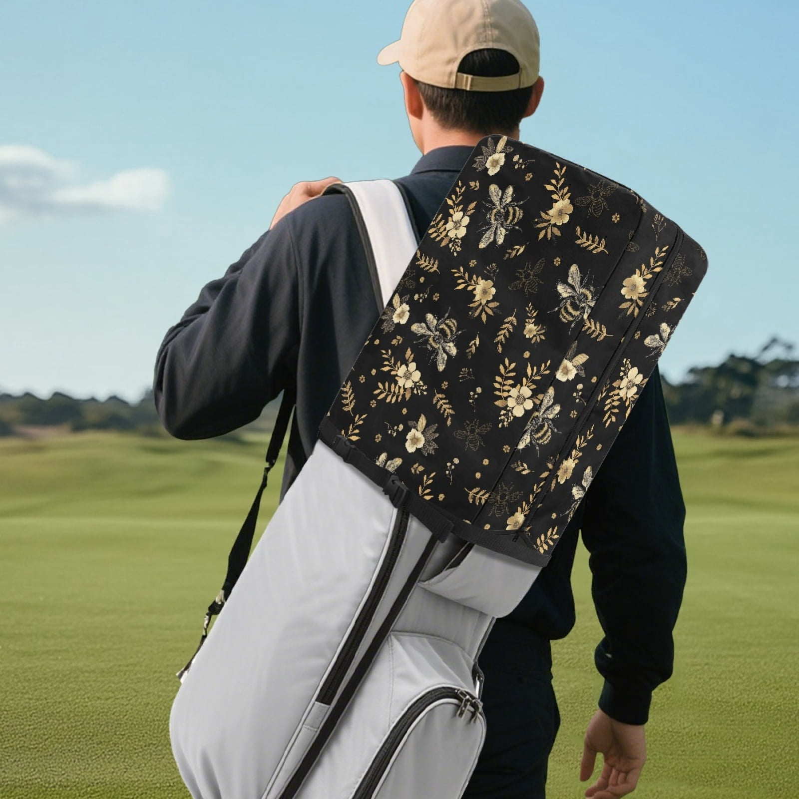 Yuyamidu Cute Bee Golf Bag Cover Flowers Hood Golf Bag Umbrella for Clubs with Snap Button One Size Fit Most Stand Bags, Dust and Sun Protection