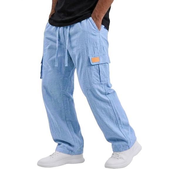 Havenx Cotton Linen Cargo Pants for Men Elastic Waist Drawstring Pants with Multi Pockets Straight Leg Trouser Summer Beach Breathable Casual Loose Fit Clothing,Light Blue L